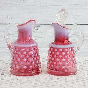 Vintage Fenton Oil Cruet & Stopper and Handled Cruet Hobnail Cranberry Set